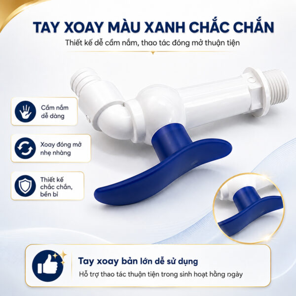 Tay gạt màu xanh bản lớn của vòi hồ Eurolife EL-VHX2127-D hỗ trợ cầm nắm và thao tác đóng mở van bi ABS.