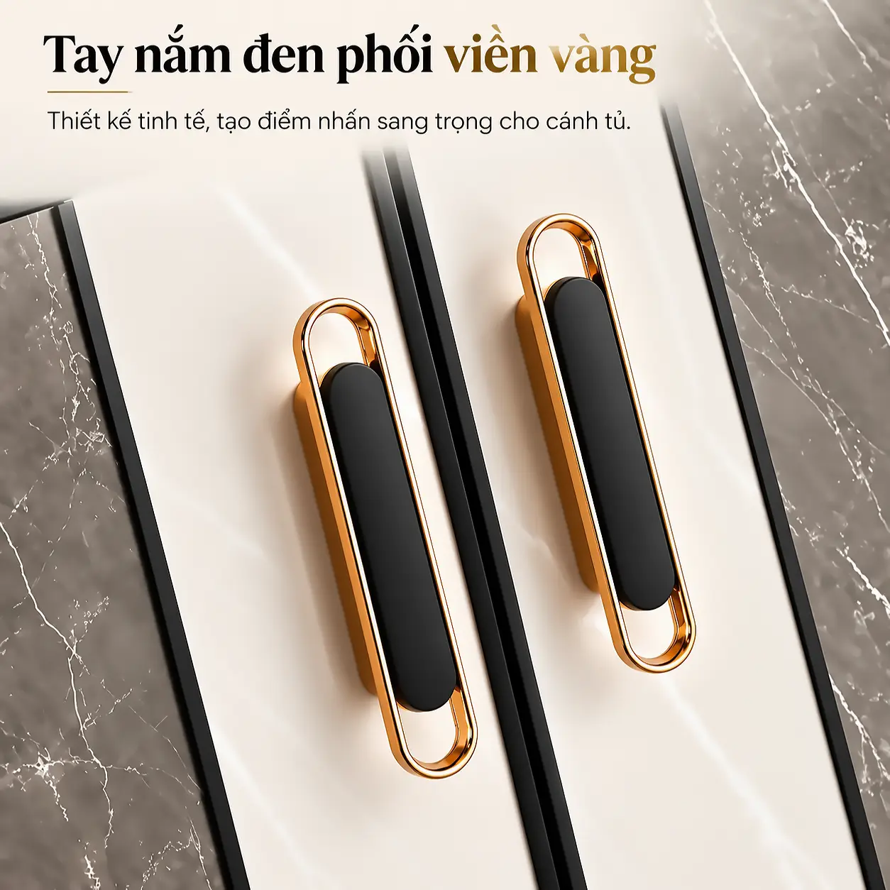 Cận cảnh hai tay nắm màu đen viền vàng của tủ lavabo nhôm Eurolife BLV-AL15, lắp trên cánh phối trắng và giả vân đá.