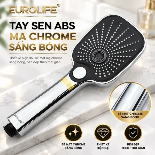 Tay sen ABS mạ Chrome sáng bóng Eurolife EL-127SH-T với mặt sen 3 chế độ
