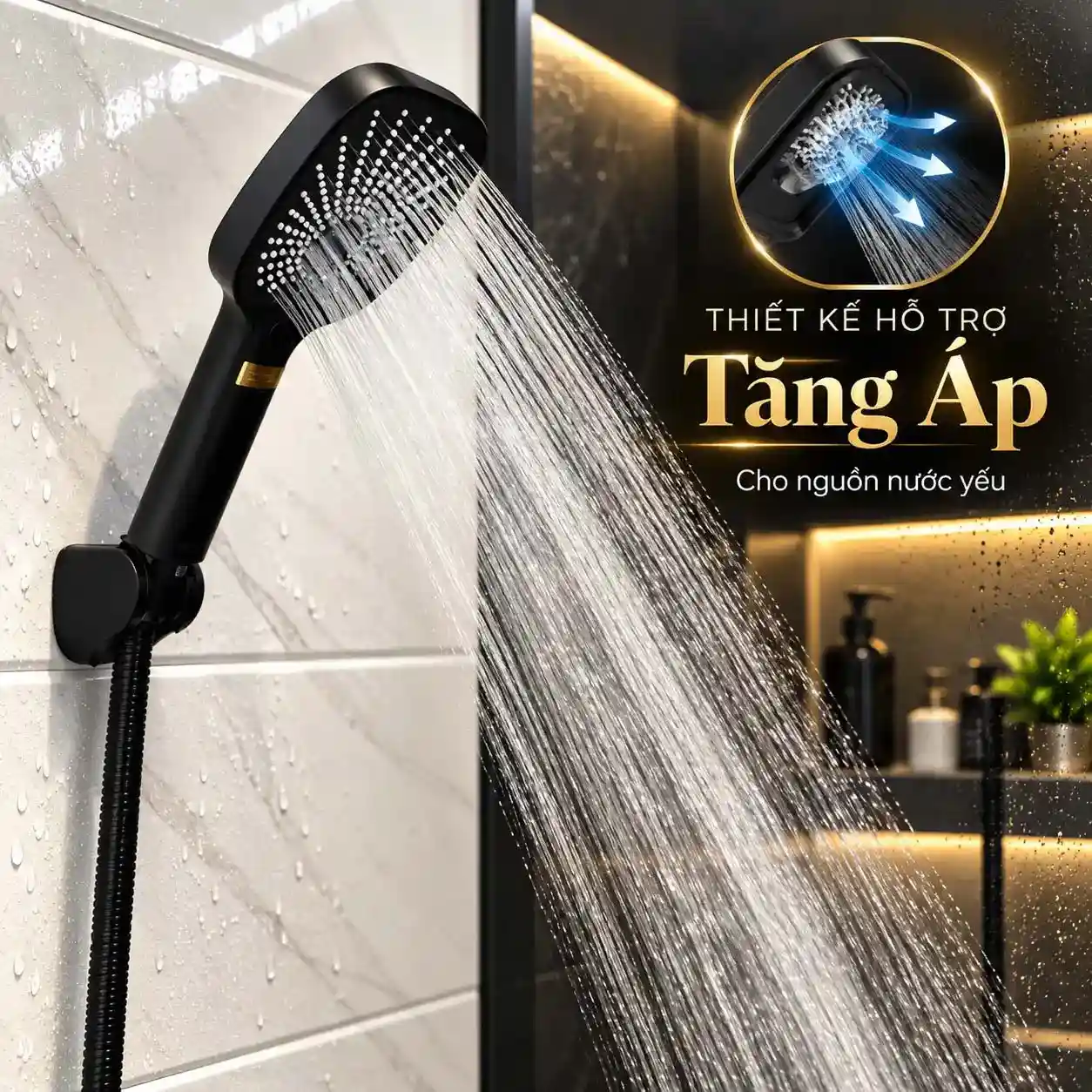 Tay sen Eurolife EL-127SH-D phun nước trong phòng tắm minh họa thiết kế hỗ trợ tăng áp cho nguồn nước yếu