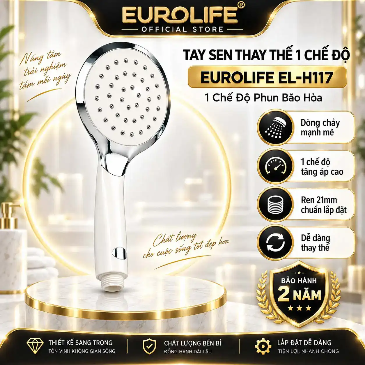 Tay sen thay thế Eurolife EL-H117 1 chế độ phun bão hòa màu trắng Chrome, ren 21mm