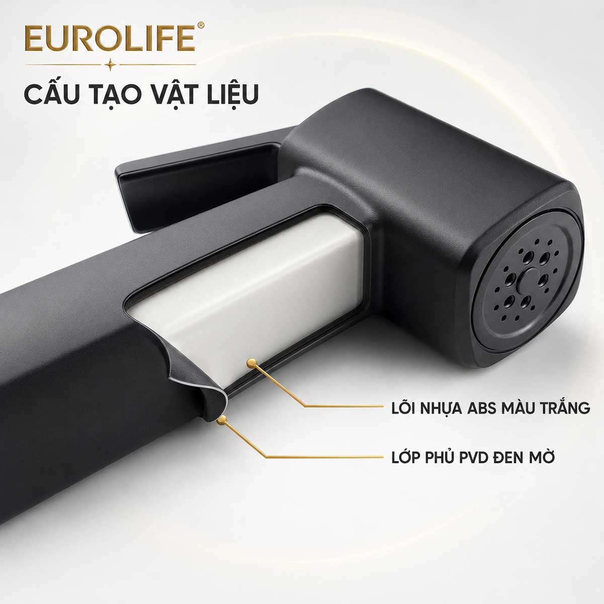 Cấu tạo tay xịt Eurolife EL-X11-D với lõi nhựa ABS màu trắng và lớp hoàn thiện PVD đen mờ 