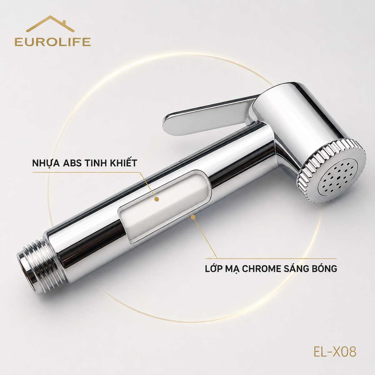 Tay xịt Eurolife EL-X08 bằng nhựa ABS với lớp mạ Chrome sáng bóng, thiết kế nhẹ và hiện đại.