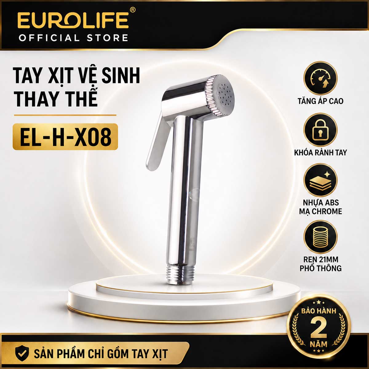 Tay xịt vệ sinh thay thế Eurolife EL-H-X08 chính hãng, thân ABS mạ Chrome, khóa rảnh tay, mặt phun tăng áp và ren 21mm. 