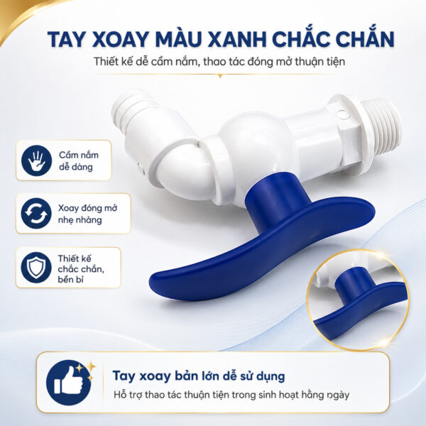 Tay xoay màu xanh bản lớn của vòi hồ Eurolife EL-VHX2127 hỗ trợ cầm nắm và thao tác đóng mở van bi ABS thuận tiện.