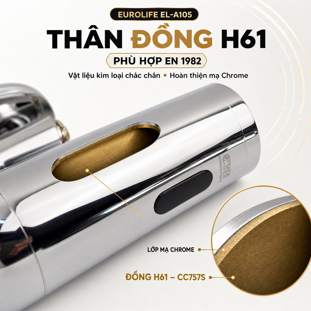 Mặt cắt thân hợp kim đồng H61 của van xả tiểu cảm ứng Eurolife EL-A105, hoàn thiện lớp mạ Chrome và sử dụng vật liệu đồng theo hồ sơ Eurolife.