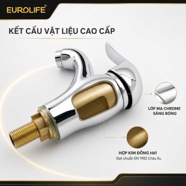 Vòi lavabo thân cao Eurolife EL-LL117 có thân hợp kim đồng H61 và bề mặt mạ Chrome