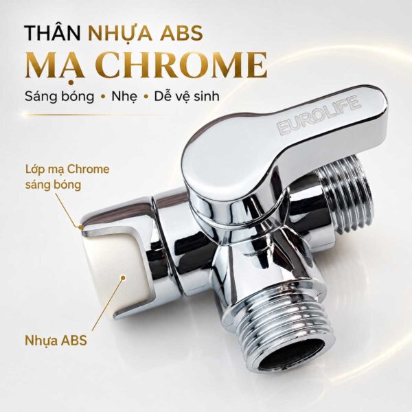 Thân van Eurolife EL-VT03 bằng nhựa ABS nhẹ, phủ Chrome sáng bóng, dễ vệ sinh và phù hợp phụ kiện phòng tắm màu bạc.