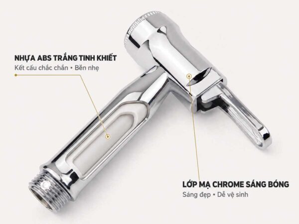 Cấu tạo thân tay xịt Eurolife EL-X06 bằng nhựa ABS, bên ngoài hoàn thiện lớp Chrome sáng bóng.