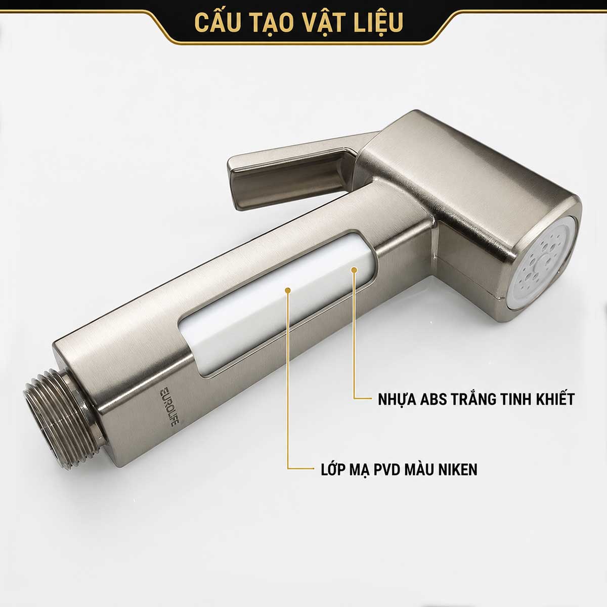 Thân vòi xịt Eurolife EL-X11-V bằng nhựa ABS trắng, hoàn thiện PVD màu Niken hiện đại.