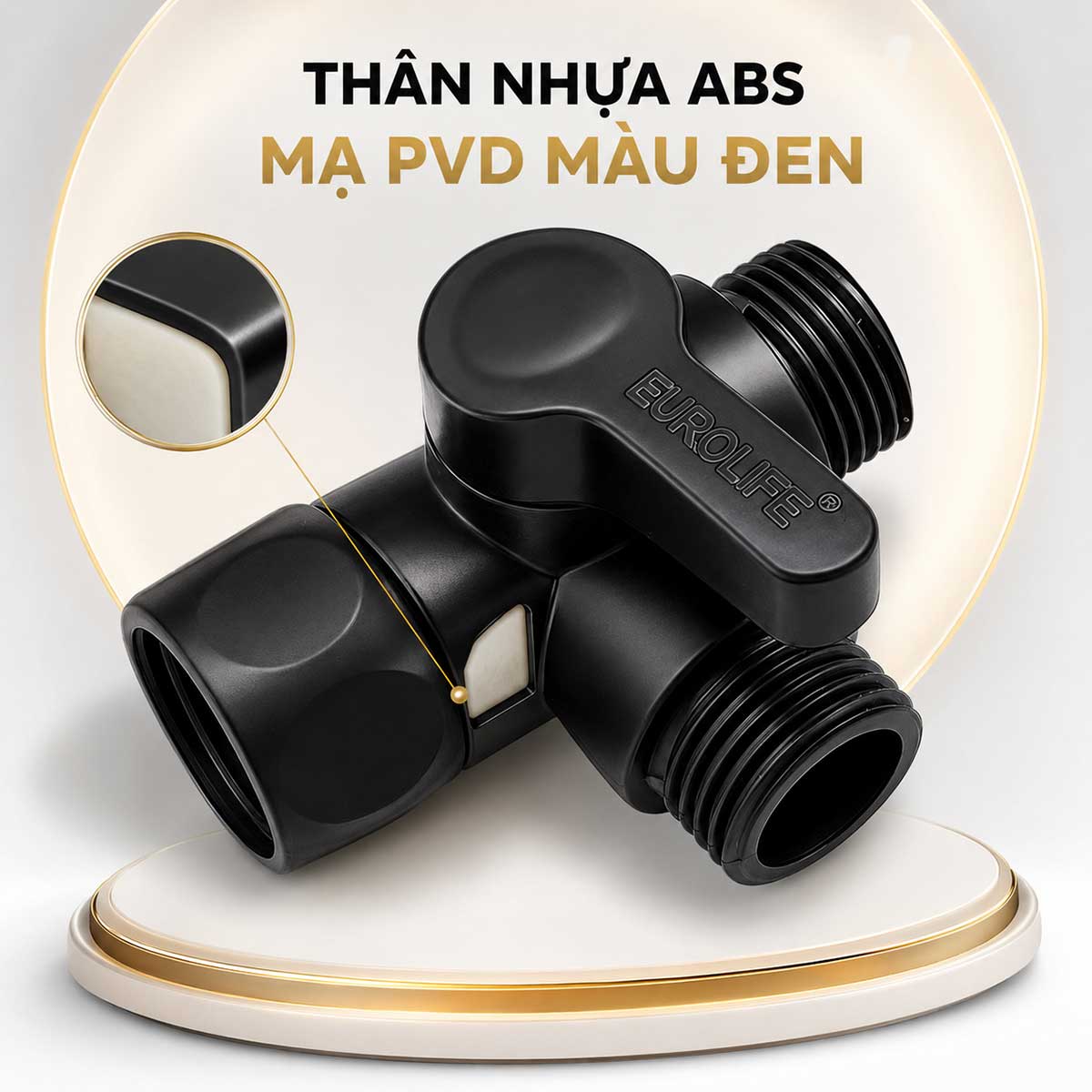 Van Eurolife EL-VT03-B có thân nhựa ABS và bề mặt PVD màu đen, thiết kế nhỏ gọn cho phòng tắm hiện đại.
