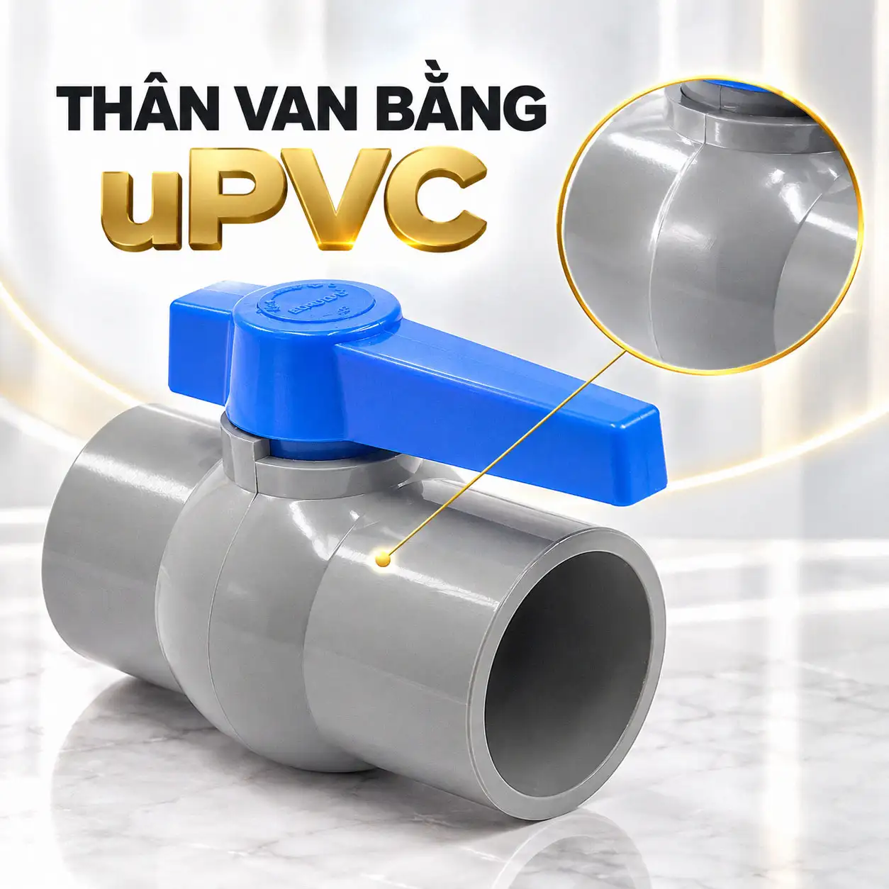 Thân van uPVC màu xám của van bi Eurolife EL-VD với tay nhựa màu xanh