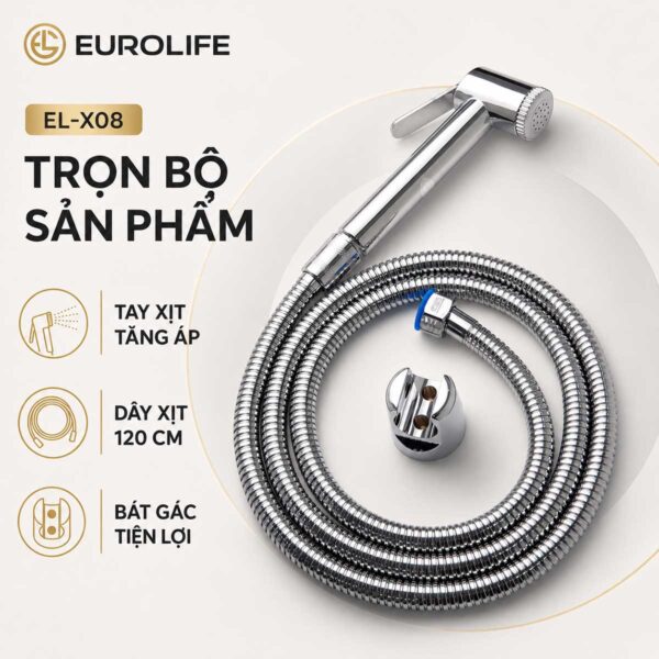 Các thành phần chính của Eurolife EL-X08 gồm tay xịt tăng áp, dây dẫn 120cm và giá treo.