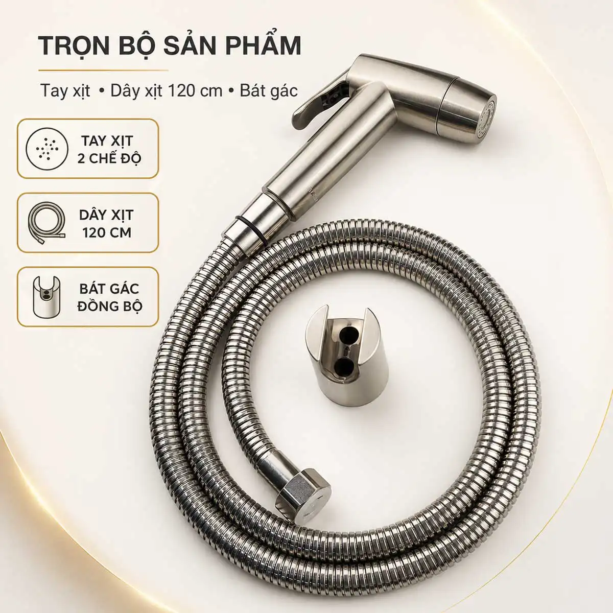 Thành phần bộ vòi xịt Eurolife EL-X12-V gồm tay xịt hai chế độ, dây xịt 120cm và bát gác đồng bộ. 