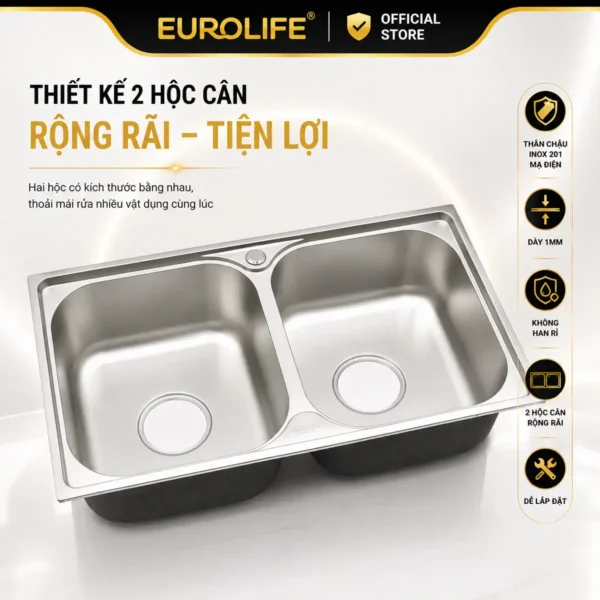 Thiết kế 2 hộc cân chậu rửa chén Eurolife EL-C8