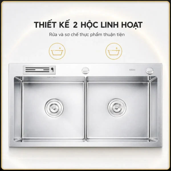 Thiết kế 2 hộc bằng nhau của chậu đúc Inox 304 Eurolife EL-HM8245