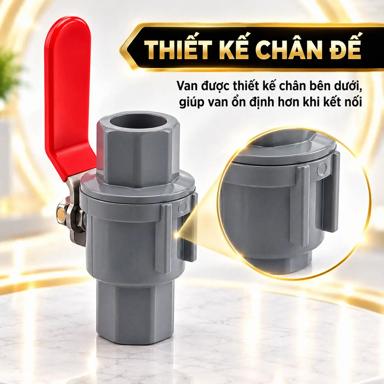 Thiết kế chân đế bên dưới van bi uPVC tay Inox Eurolife EL-VI giúp thân van ổn định khi kết nối