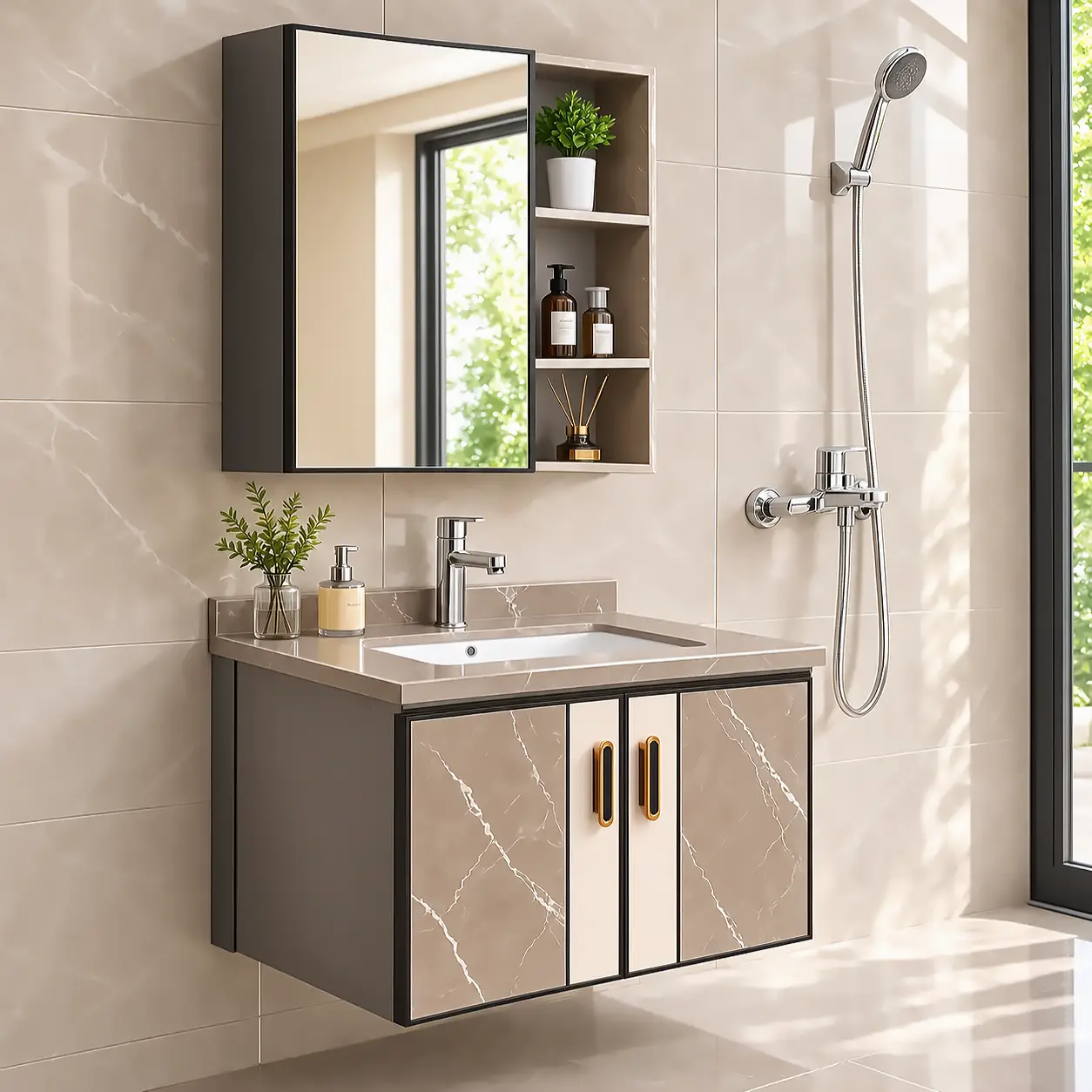 Tủ lavabo nhôm Eurolife BLV-AL15 màu nâu nhạt vân đá, phối cánh tủ viền đen, tay nắm ánh vàng và tủ gương trong phòng tắm.