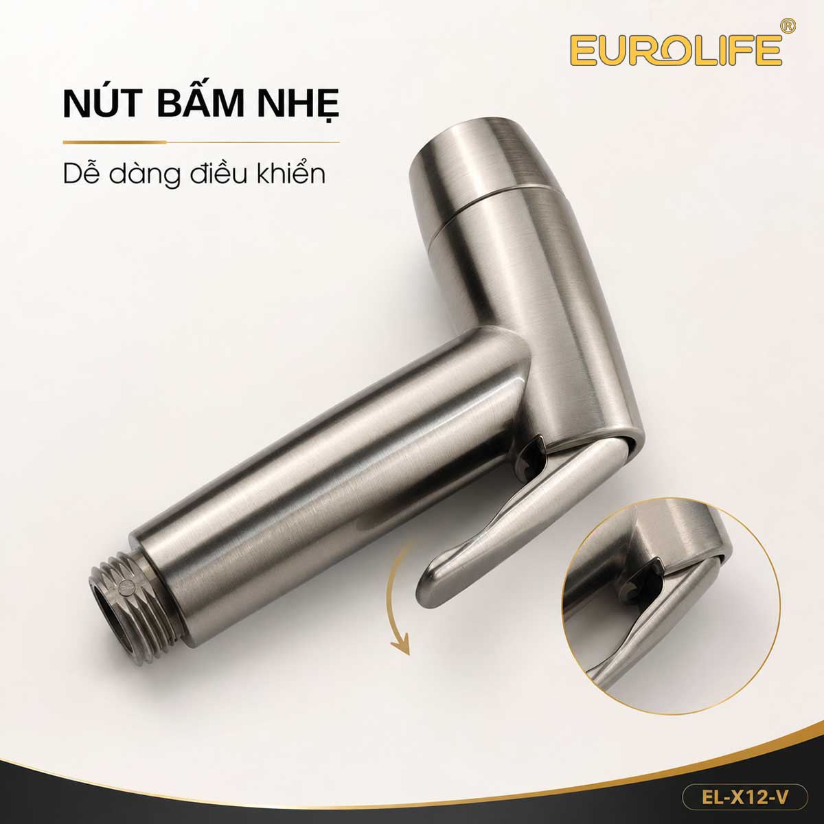 Nút nhấn trên tay xịt Eurolife EL-X12-V có thiết kế thuận tiện cho thao tác điều khiển dòng nước. 