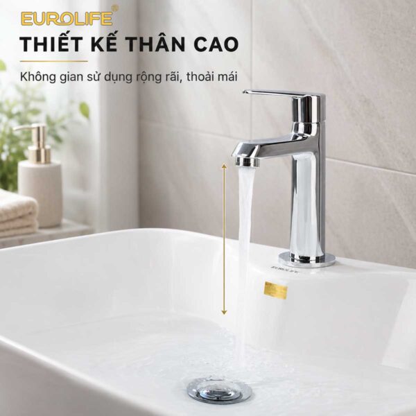 Thiết kế thân cao của vòi lavabo lạnh Eurolife EL-LL120 tạo khoảng sử dụng rộng