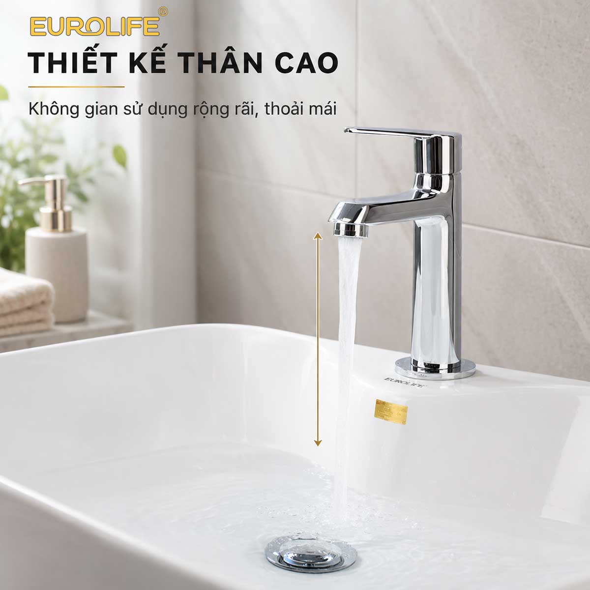 Thiết kế thân cao của vòi lavabo lạnh Eurolife EL-LL120 tạo khoảng sử dụng rộng