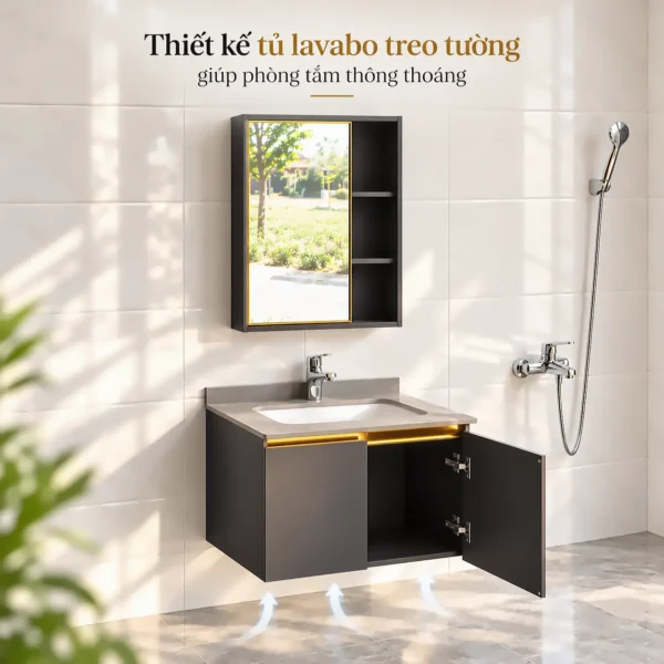 Bộ tủ lavabo Eurolife BLV-IN03 thiết kế treo tường, một cánh tủ mở, có khoang chứa đồ và khoảng trống thông thoáng dưới đáy tủ.
