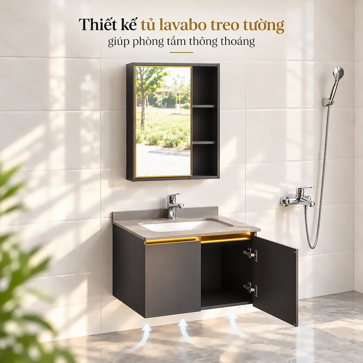 Bộ tủ lavabo Eurolife BLV-IN03 thiết kế treo tường, một cánh tủ mở, có khoang chứa đồ và khoảng trống thông thoáng dưới đáy tủ.