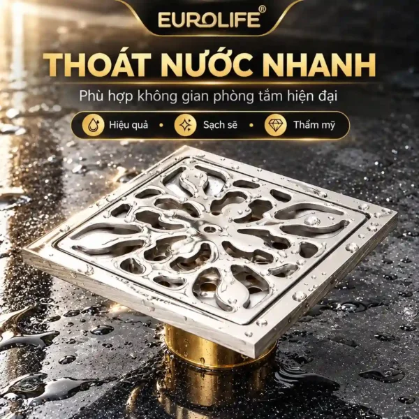 Nước trên bề mặt đi qua các khe hoa văn của thoát sàn Eurolife EL-HG06