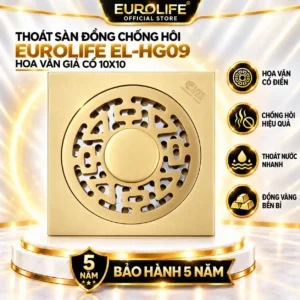 Thoát sàn đồng chống hôi 10x10 Eurolife EL-HG09 hoa văn giả cổ có tấm lọc rác Inox SUS 304