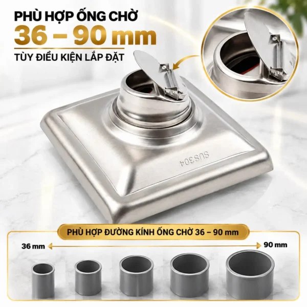 Thoát sàn Eurolife EL-HG04 minh họa khả năng lắp với ống chờ khoảng 36–90 mm tùy điều kiện