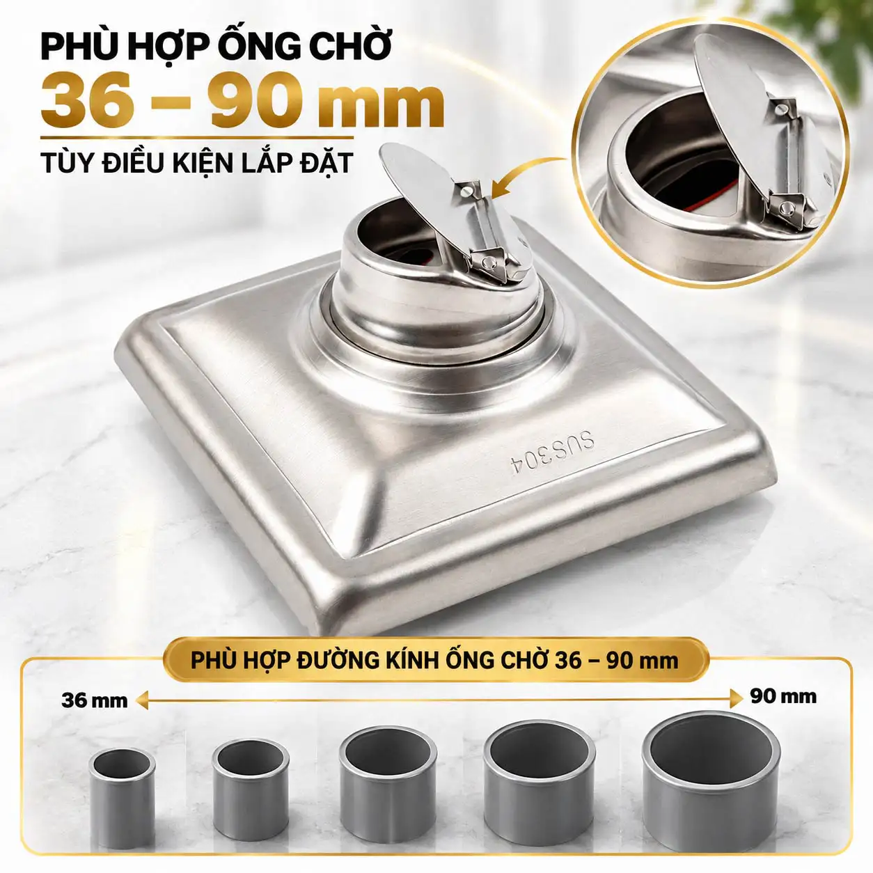 Thoát sàn Eurolife EL-HG04 minh họa khả năng lắp với ống chờ khoảng 36–90 mm tùy điều kiện