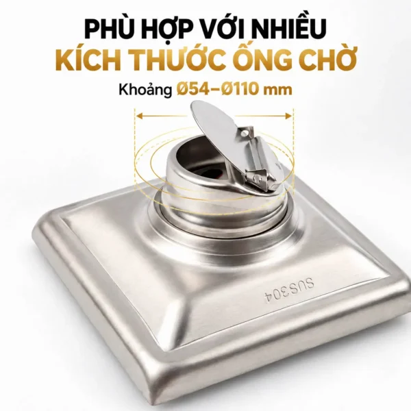 Phần đáy thoát sàn Eurolife EL-HG03 phù hợp nhiều kích thước ống chờ khoảng Ø54 đến Ø110 mm