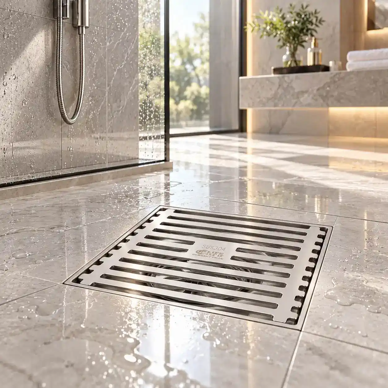 Thoát sàn Eurolife EL-HG04 lắp đặt trên sàn phòng tắm tại khu vực thường xuyên tiếp xúc với nước