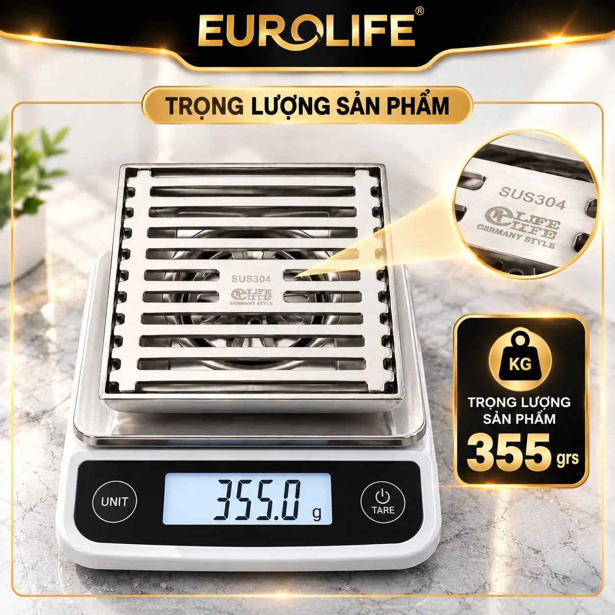 Thoát sàn Eurolife EL-HG04 đặt trên cân điện tử hiển thị trọng lượng 355 g
