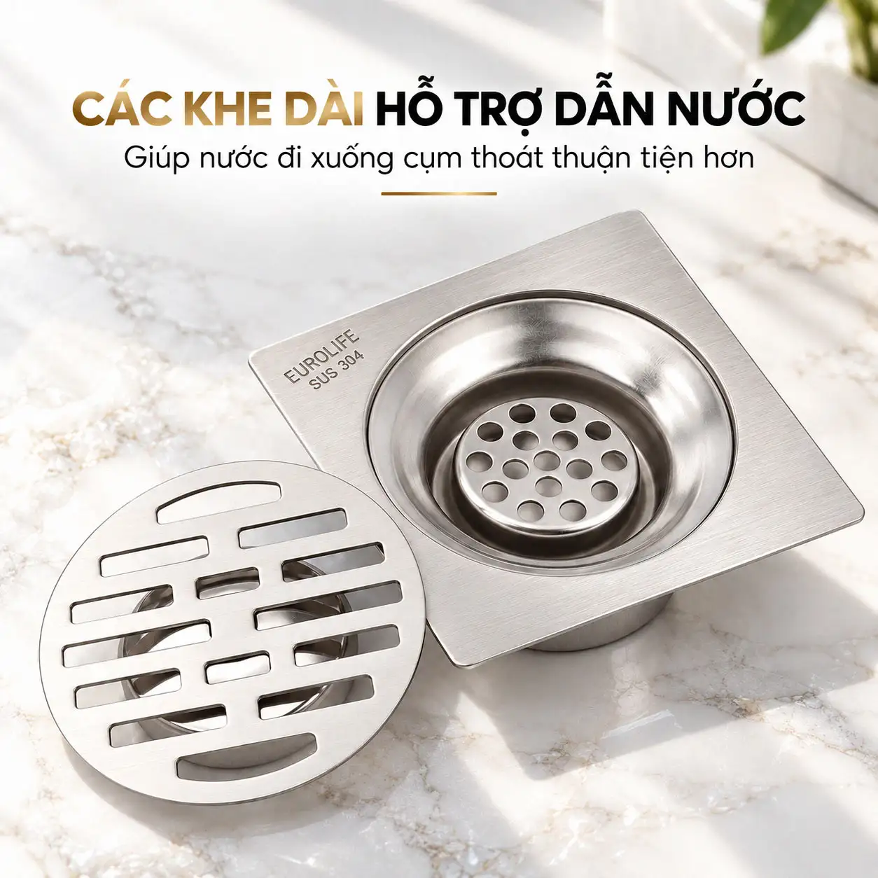 Các khe dài trên nắp thoát sàn Eurolife EL-HG13 hỗ trợ dẫn nước xuống cụm thoát