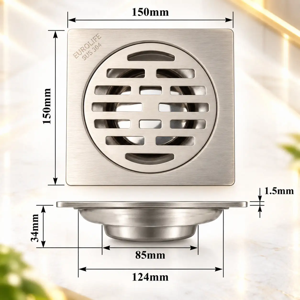 Kích thước kỹ thuật thoát sàn Eurolife EL-HG13 mặt 150 × 150 mm cao 34 mm