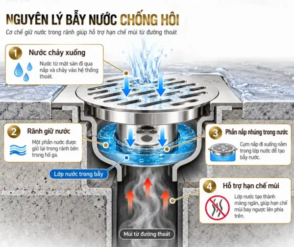 Nguyên lý bẫy nước chống hôi của thoát sàn Eurolife EL-HG13 với nước lưu trong rãnh