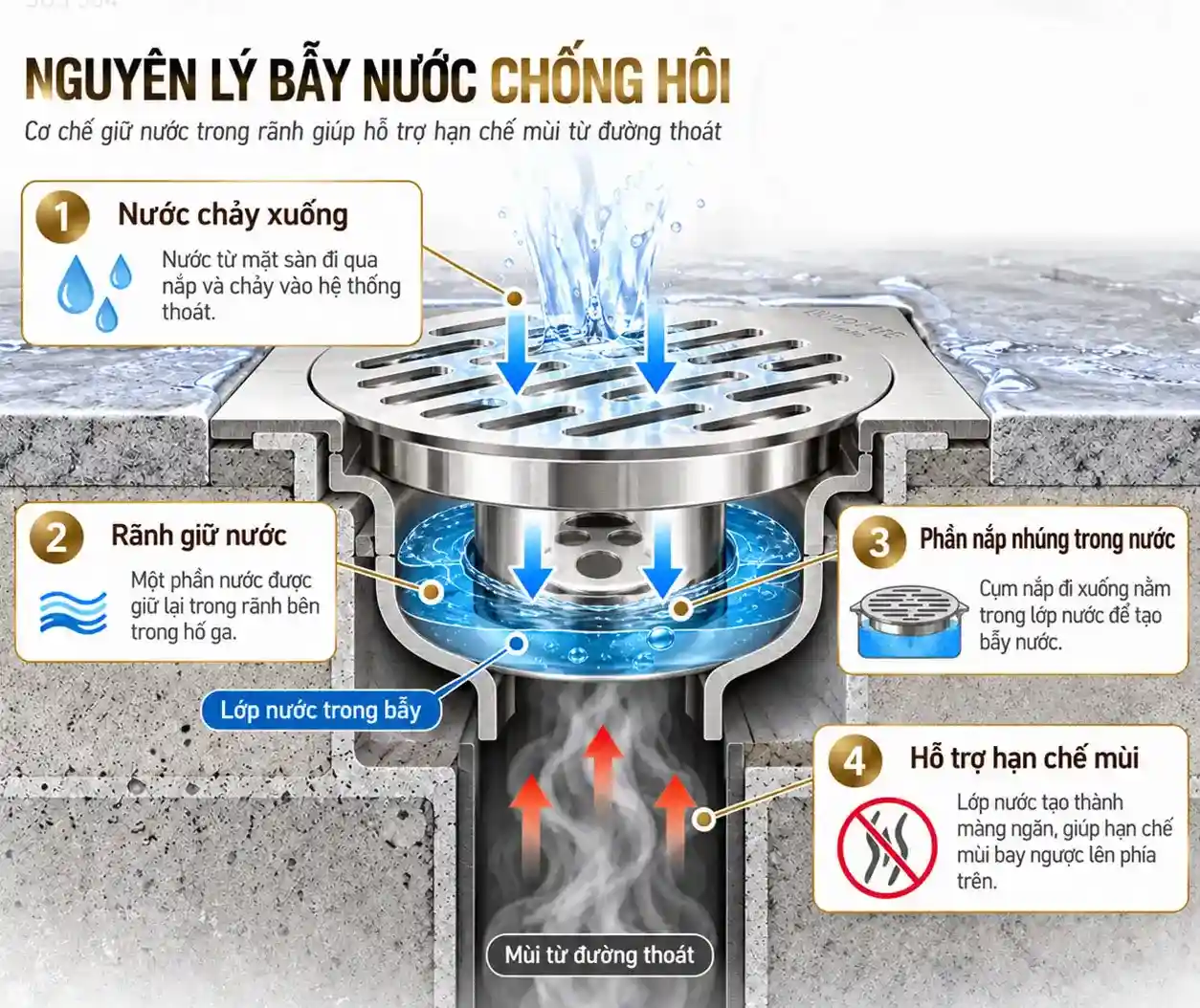 Nguyên lý bẫy nước chống hôi của thoát sàn Eurolife EL-HG13 với nước lưu trong rãnh