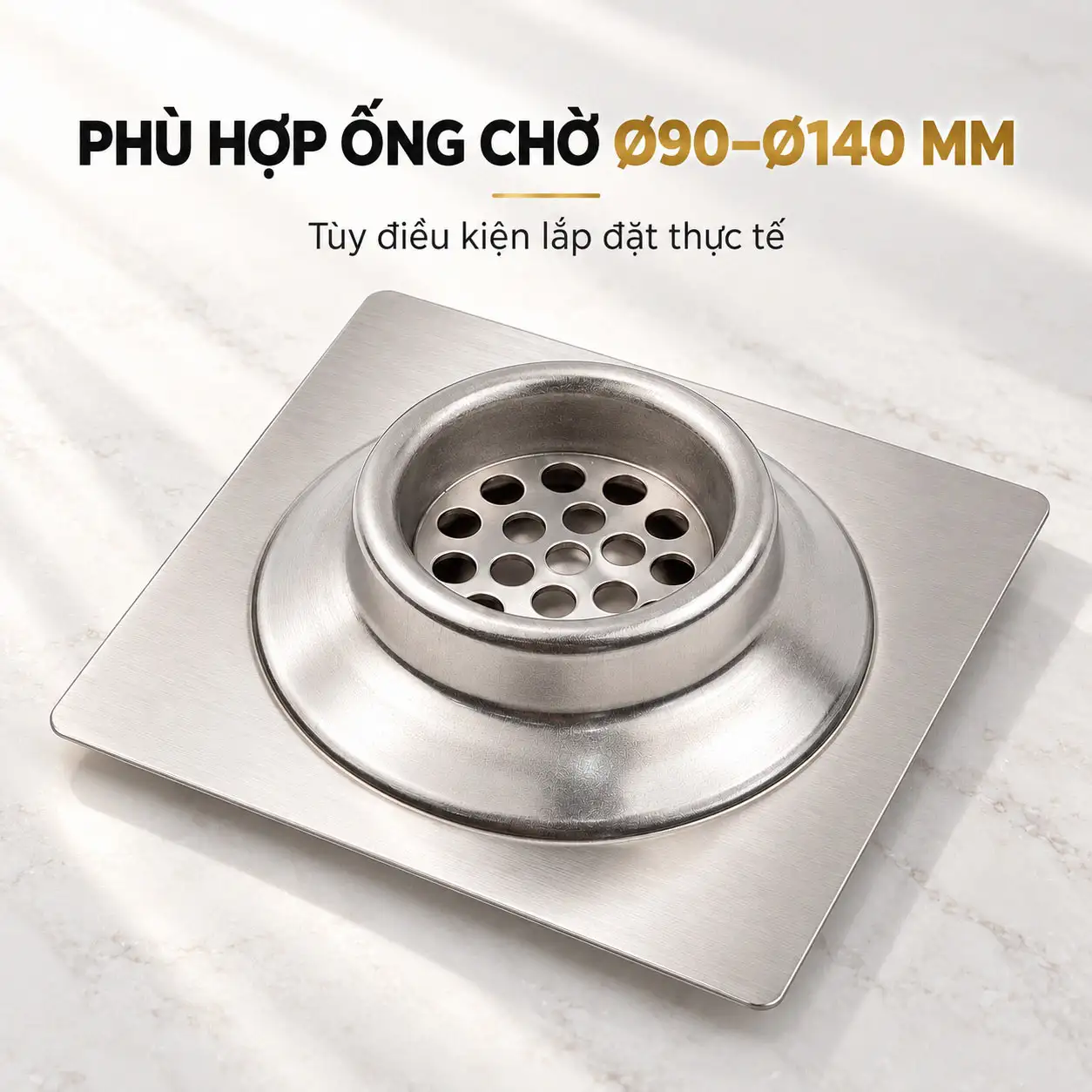 Mặt dưới thoát sàn Eurolife EL-HG13 phù hợp ống chờ khoảng Ø90–Ø140 mm tùy điều kiện lắp đặt