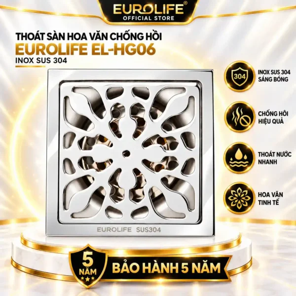 Thoát sàn hoa văn chống hôi Inox 304 Eurolife EL-HG06 mặt 100x100 mm