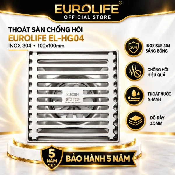 Thoát sàn inox 304 10x10 chống hôi Eurolife EL-HG04, Inox SUS 304 sáng bóng, bảo hành 5 năm