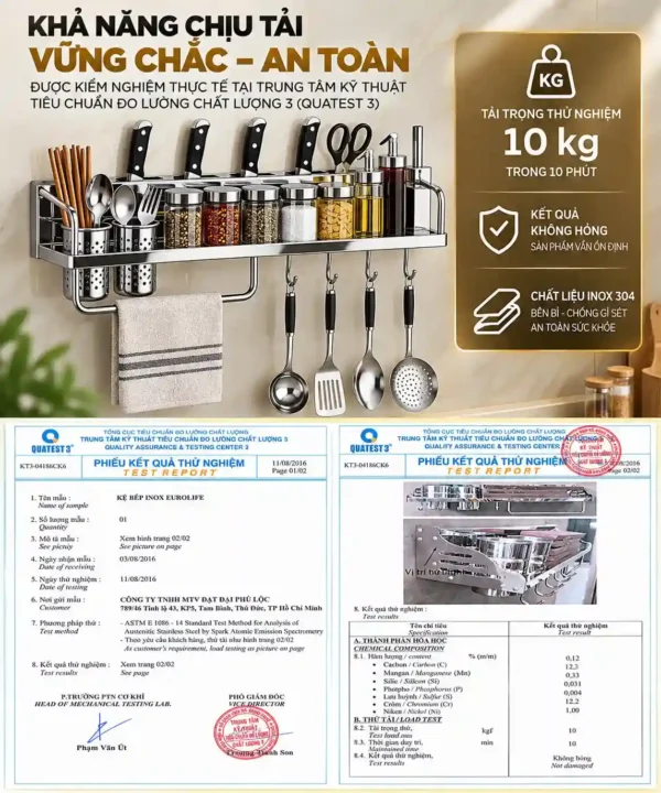 Thử tải kệ bếp Inox Eurolife 10kg tại QUATEST 3