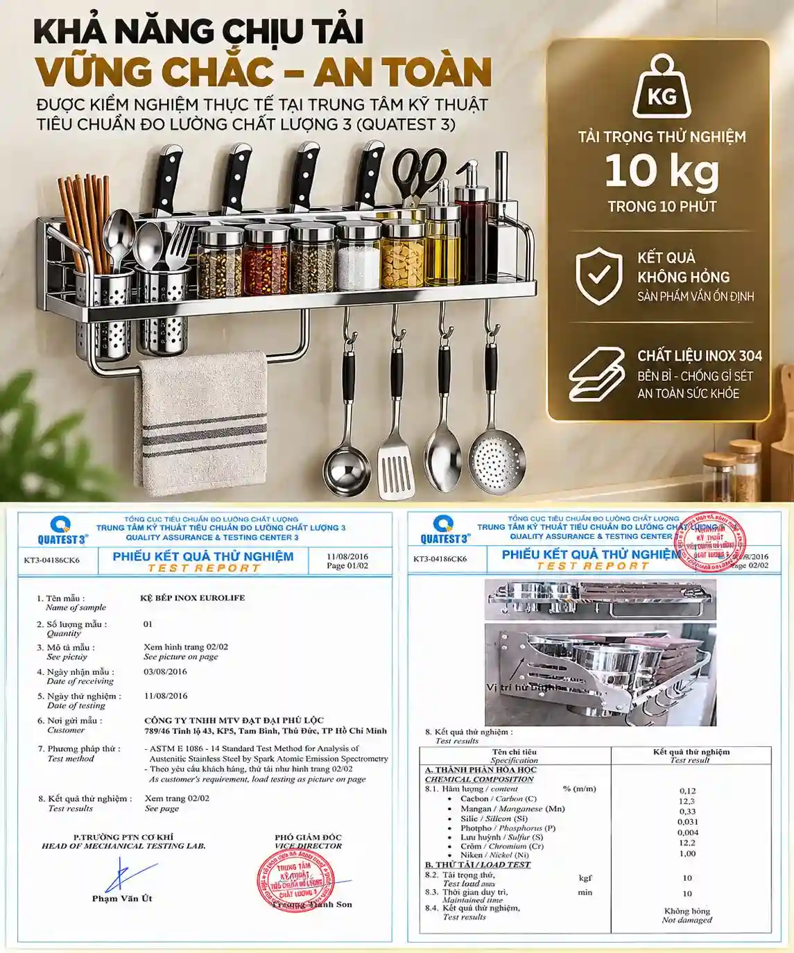 Thử tải kệ bếp Inox Eurolife 10kg tại QUATEST 3