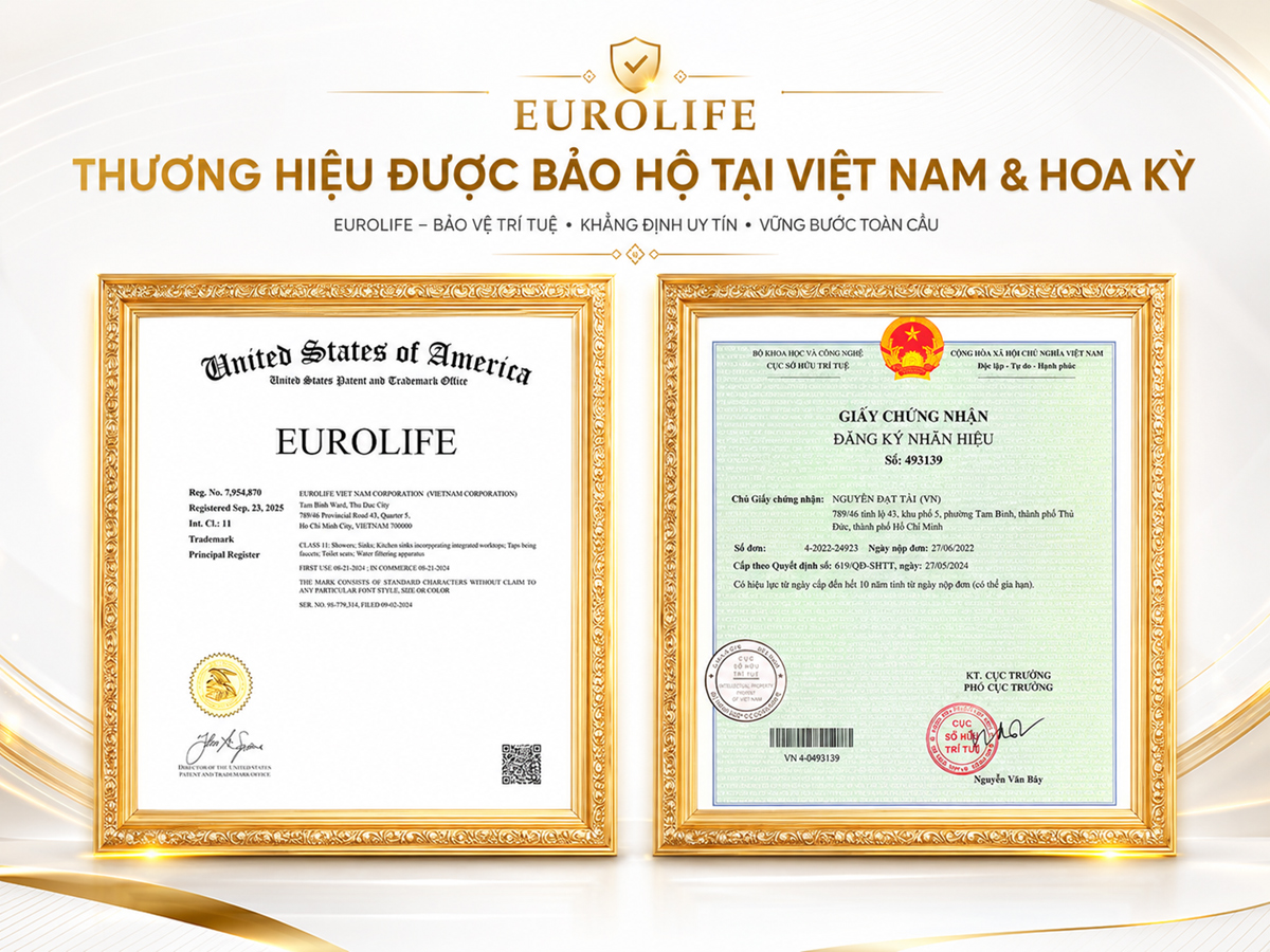 Giấy chứng nhận đăng ký nhãn hiệu Eurolife tại Việt Nam và Hoa Kỳ, sử dụng trong nội dung giới thiệu series vòi lavabo lạnh