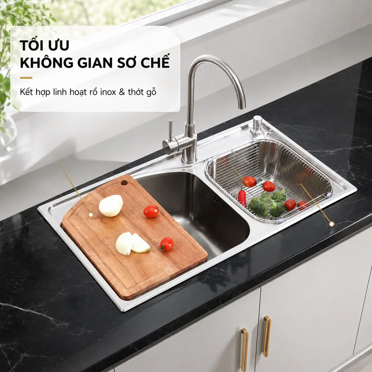 Minh họa bố trí rổ gác và thớt trên chậu hai hố Eurolife EL-C8145