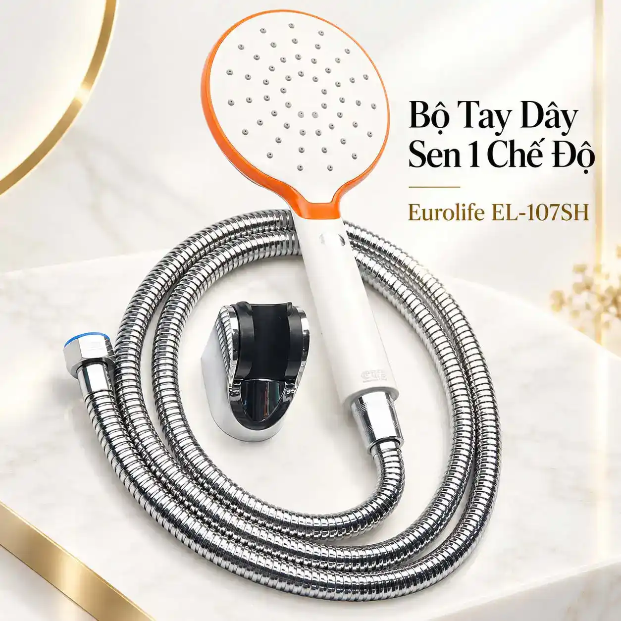 Tổng quan bộ tay dây sen 1 chế độ Eurolife EL-107SH gồm tay sen trắng cam, dây sen và bát gác