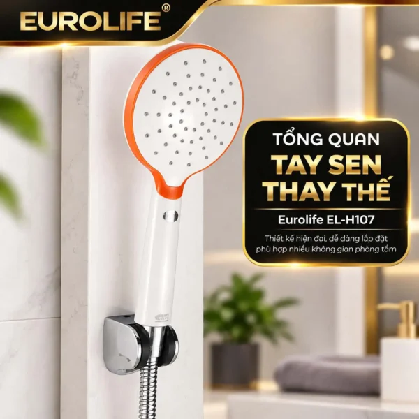 Tổng quan tay sen thay thế Eurolife EL-H107 lắp trên bát gác trong không gian phòng tắm
