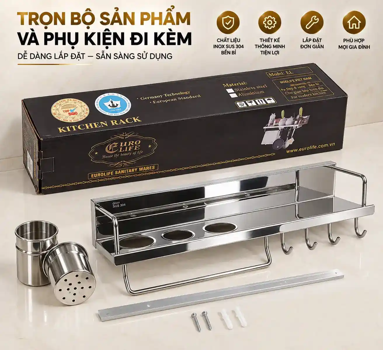 Trọn bộ kệ bếp Eurolife EL-K4 và phụ kiện đi kèm