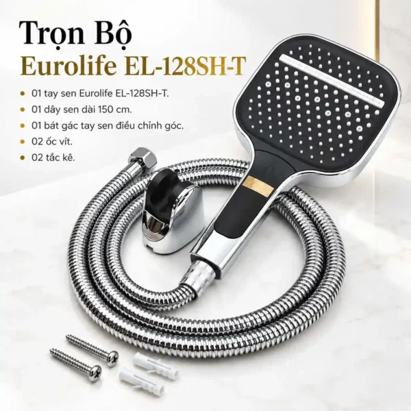 Trọn bộ tay dây sen 3 chế độ Eurolife EL-128SH-T gồm tay sen dây 150 cm bát gác 2 ốc vít và 2 tắc kê
