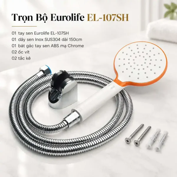 Trọn bộ tay dây sen Eurolife EL-107SH gồm tay sen, dây SUS304 150cm, bát gác, 2 ốc vít và 2 tắc kê